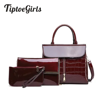

Patent Leather Three-Piece Ladies Handbags New Fashion High Quality Casual Women's Shoulder Bag Bright Wine Red Woman Bag