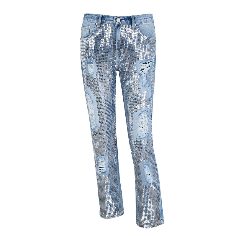 Синие женские джинсы с блестками и дырками, уличная одежда на молнии, рваные джинсы с бахромой, брюки,, весенние брюки, свободные женские джинсы на осень