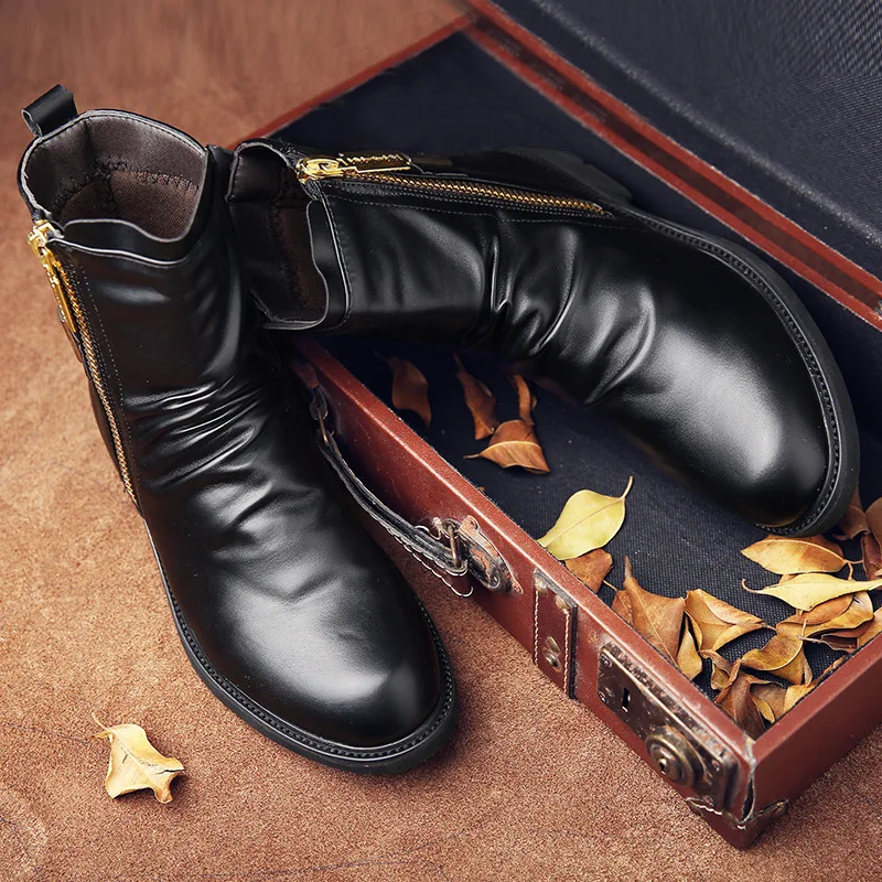Зимние низкие повседневные мужские ботинки «Челси» на молнии; ботильоны в римском ретро-стиле; Винтажные ботинки в байкерском стиле; модная однотонная обувь из искусственной кожи с круглым носком в британском стиле
