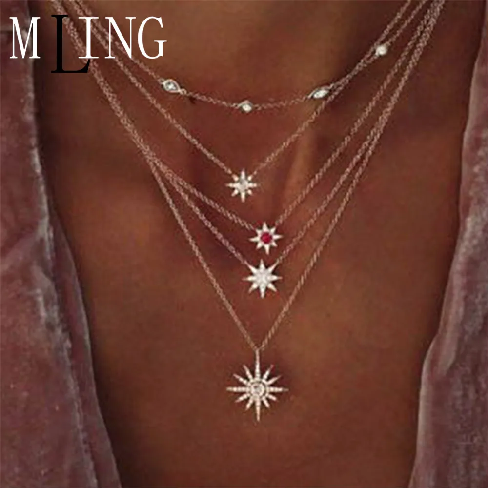 

MLING Vintage Gold Multilayer Choker Necklace Bohemian Star Crystal Pendant Necklace For Women