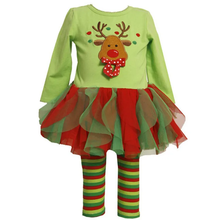 Цвета радуги для девочек наряды/оленями вышивка/зима футболка с пачки/платье + леггинсы комплект