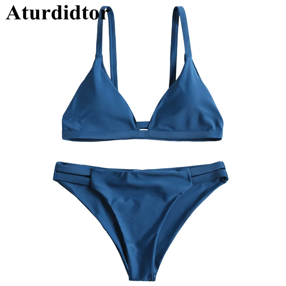 

Cami Ladder Cut Ruched Spaghetti Strap Padded Two-Piece Bathing Suit Solid Blue Swimming Suit For Women Swimwear Female 2018