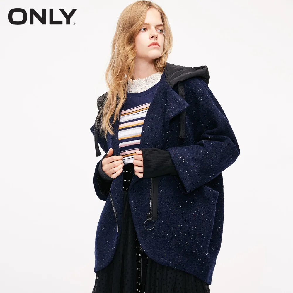 Только Женское шерстяное пальто с капюшоном стеганое с кулиской капюшон диагональная молния спереди пальто женское | 11836T501