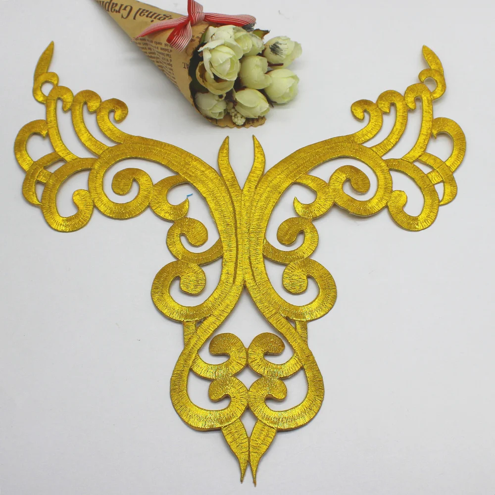 

YACKALASI Iron On Gold Appliques Flower Cosplay Costume Patches Embroidered Trims Gold And Silver 31cm*28cm