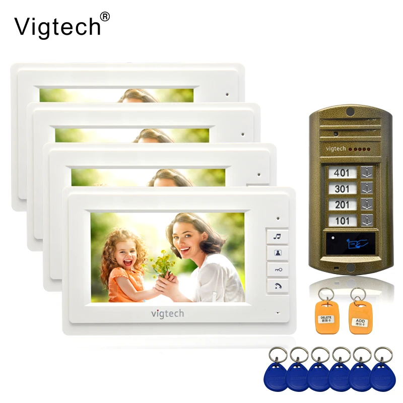 Vigtech 7'' color video door phone 4 monitors with 1 intercom doorbell can control 4 houses for multi apartment RFID Camera