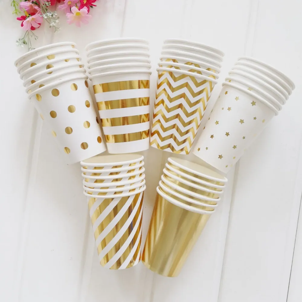 

8 Pcs 270 ml Gold Silver Stripes and Dot Paper Cups Wedding Birthday Party Tableware Disposable Cups Baby Shower Party Supplies