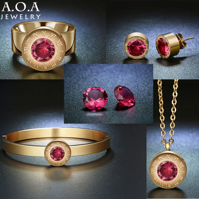 

Chic High Quality Garnet Birthday Stone Jewelry Set Stainless Steel CZ Stone Necklace Earrings Ring Bracelet Set For Party