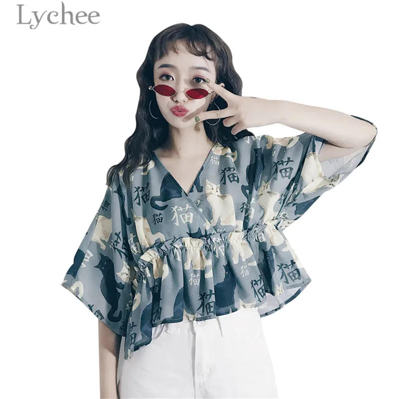 

Lychee Harajuku Cat Print Blouse Short Sleeve V-neck Shirts Casual Loose Blouse Tops Female