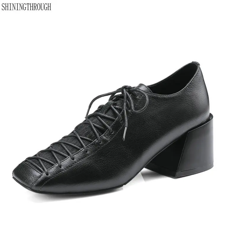 

Genuine Leather women pumps lace up thick high heels spring autumn Women shoes square toe dress shoes woman big size 34-42