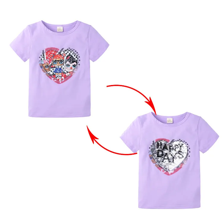 Летние футболки для девочек хлопковые футболки двусторонние пайетки, дизайнерские топы для детей от 2 до 7 лет, рубашки с круглым вырезом Одежда для маленьких девочек ZX399