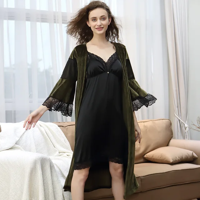 Autumn Long Sleeve Cotton Nightgown Two Piece Gown Robe Sets Women's