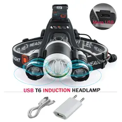 Micro USB ИК Сенсор индукции Фары Водонепроницаемый Глава Факел cree XML t6 led фара Lanterna свет 18650 hoofdlamp