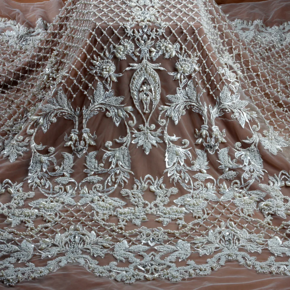 

New fashion style off white/gray heavy handmade beads on netting embroidered wedding dress/evening dress lace fabric by yard