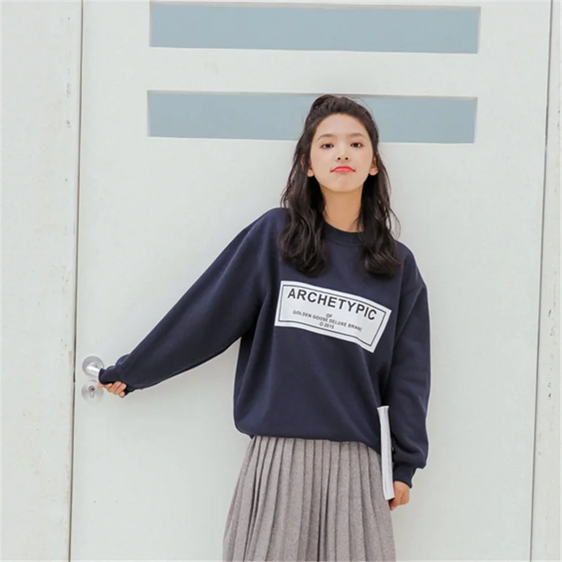 Korean Letter Print Preppy Style Full Sleeve Thickened plus velvet sweatshirt women | Женская одежда