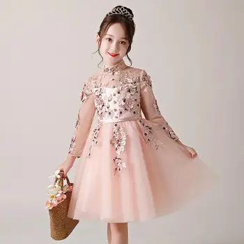 

2019 Kids Girl Elegant Lace Mesh Princess Dress Baby Girl Embroidery Flower Wedding Party Vestido Children Beads Prom Gown Q669