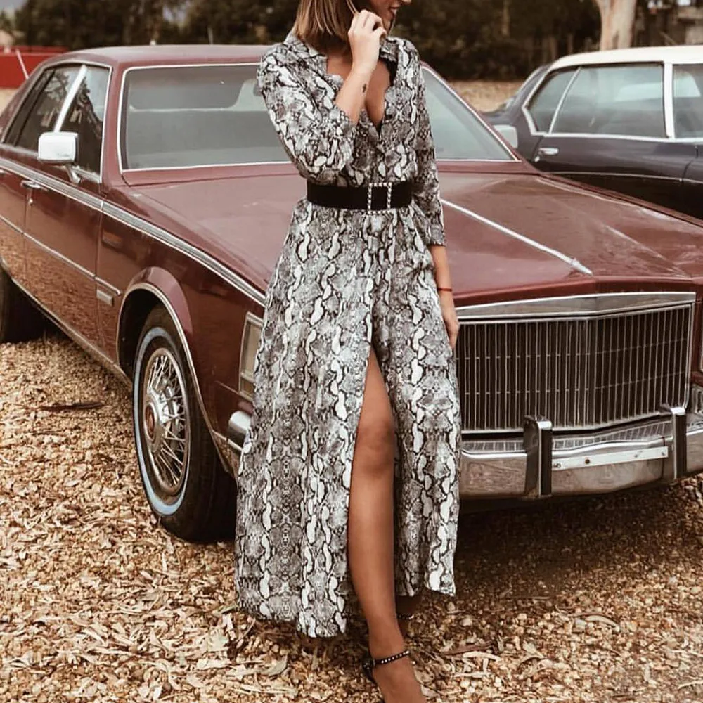 

Women V Neck Snake Skin Print Maxi Dress Ladies Split Holiday Beach Party Dress
