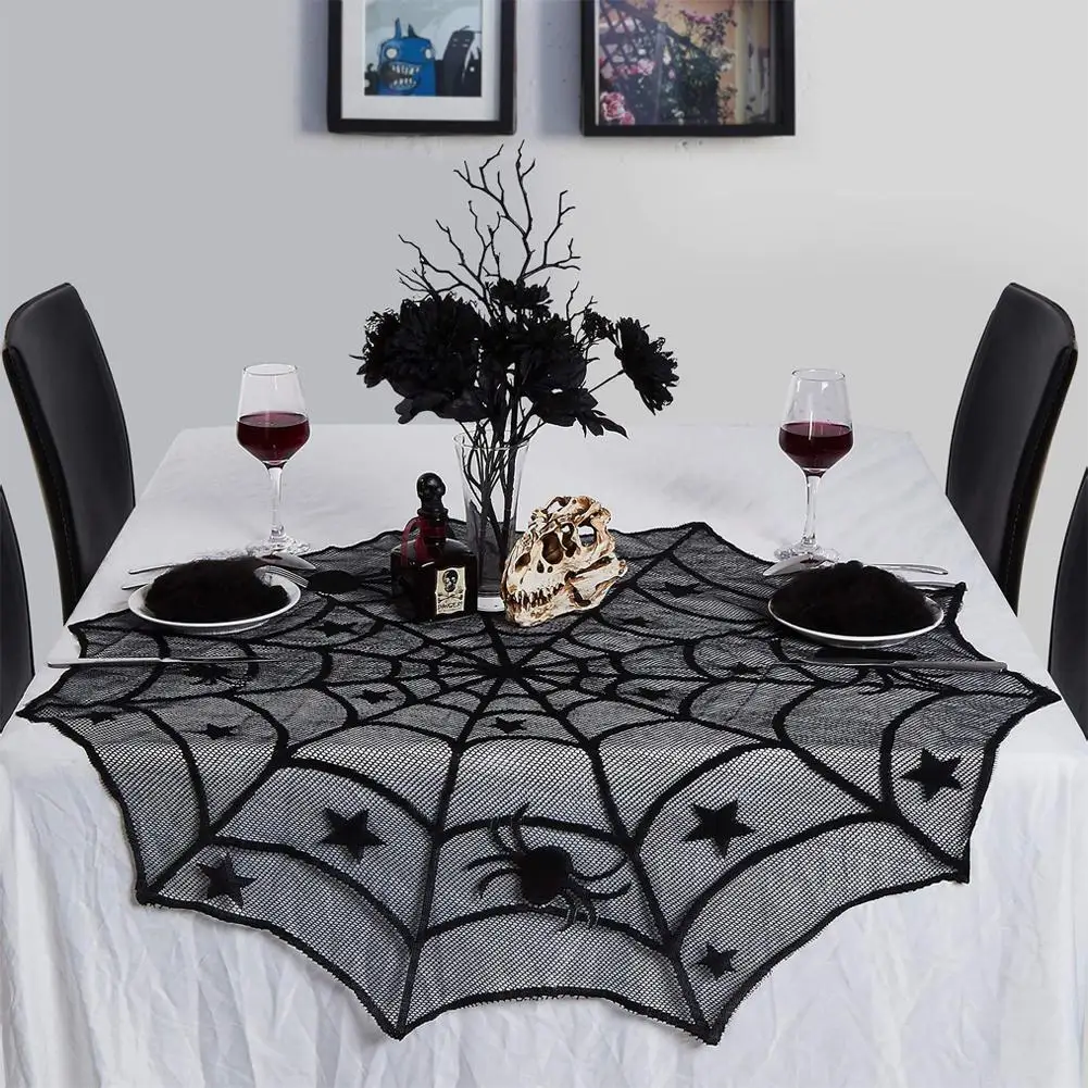

40 Inches Black Stars Spider Web Pattern Round Table Cover Lace Mantle Tablecloth for Halloween Party DIY Decoration