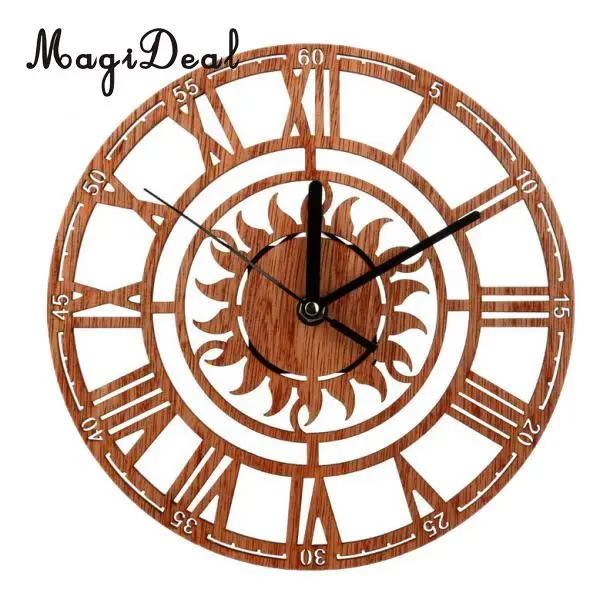 Large Round Sun Shaped Vintage Roman Handmade Decorative Art Wooden Large Wall Clock On The Wall For Gift 23cm