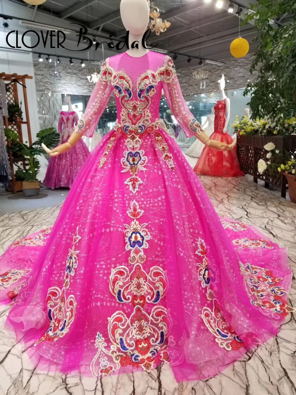 CloverBridal ручной работы реальная цена фуксия Цвет Арабский корсет свадебное платье с рукавами вышивка Стразы Цветные свадебные платья