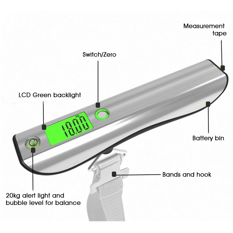 BECBI 50kg/110Lbs Luggage Scale with Handy Bubble Level and Tape Measure For Traveler Electronic Balance Baggage Weight Scale luggage scale luggage weight scale