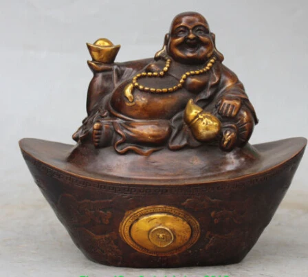 

RHS0112 8"Chinese Bronze Gilt YuanBao Happy Laugh Maitreya Buddha Dragon Calabash Statue