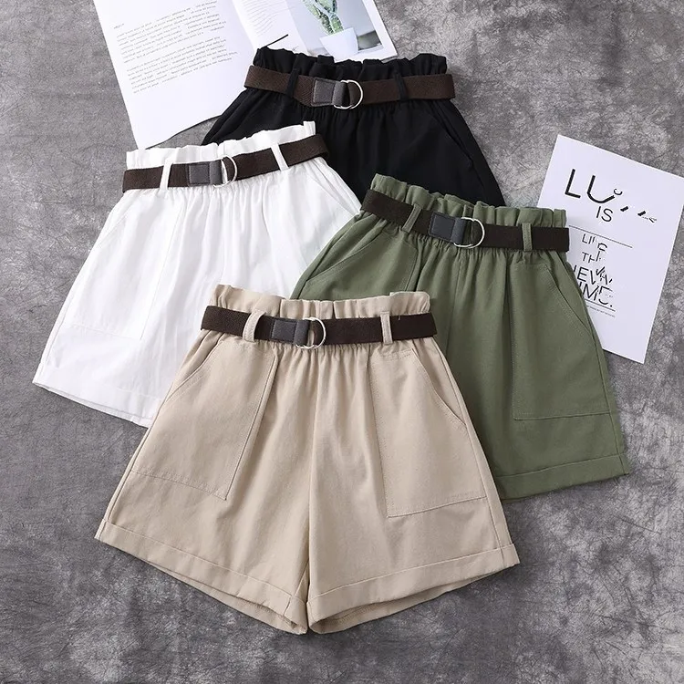 Женские хлопковые эластичные повседневные шорты с высокой талией, модные однотонные летние шорты с поясом, свободные шорты с широкими штанинами