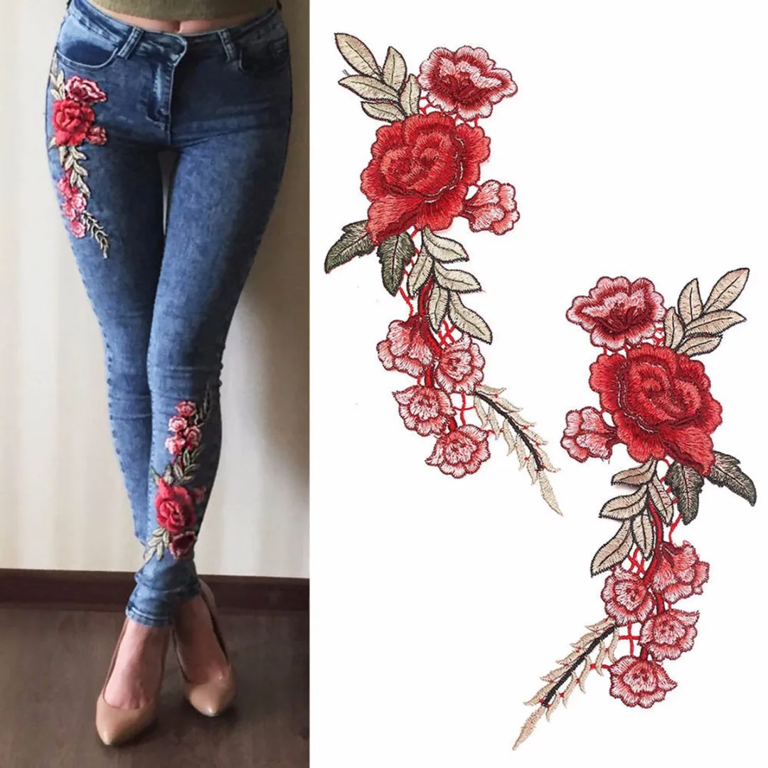 1 Pair Embroidery Rose Flower Patches Sew On Patch Jeans Pants Applique Craft 2018 Newest