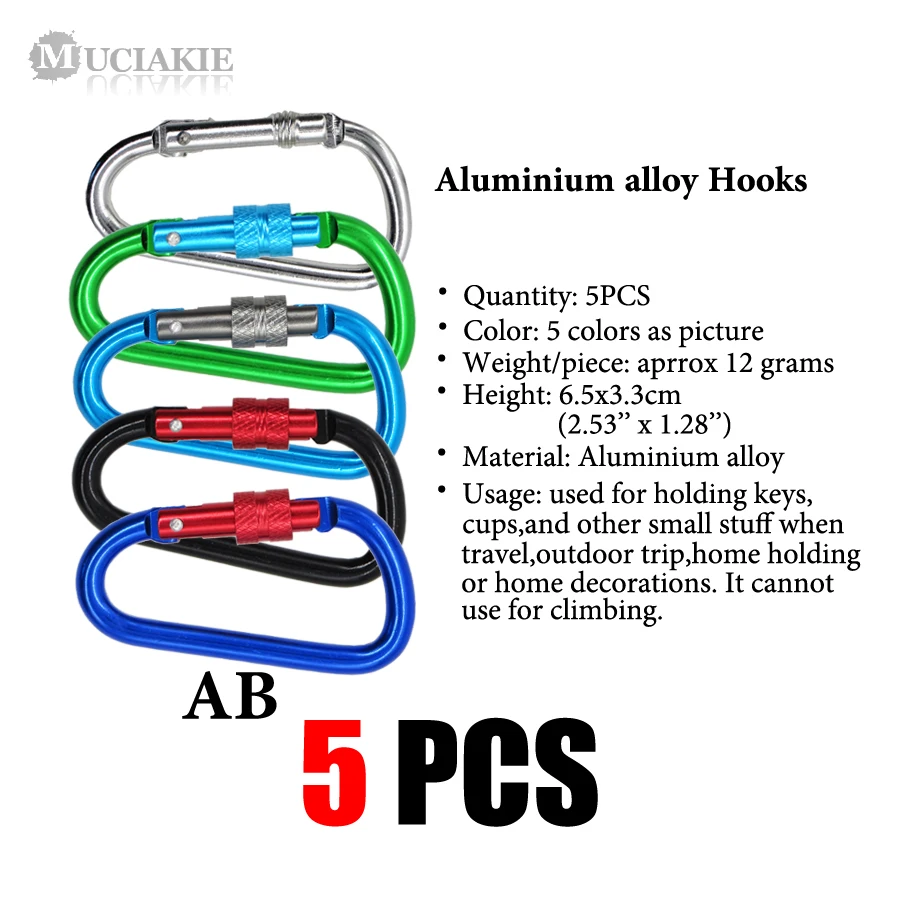5 шт. декоративные вытяжки из алюминиевого сплава, крючки для ключей, черный, синий, красный, золотой, серебряный карабины, брелок для ключей с карабином, походный карабин на открытом воздухе - Цвет: AB