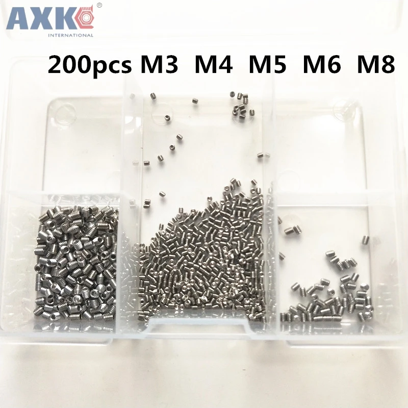 

AXK 200Pcs Allen Head Socket Hex Set Grub Screw Assortment Cup Point Stainless Steel M3/M4/M5/M6/M8 High Quality
