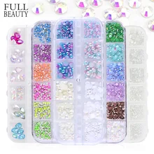 Ensemble de manucure avec strass AB, 12 grilles/étui, décorations pour ongles, cœur/cercle, pierre de verre, bricolage, diamant, CH090