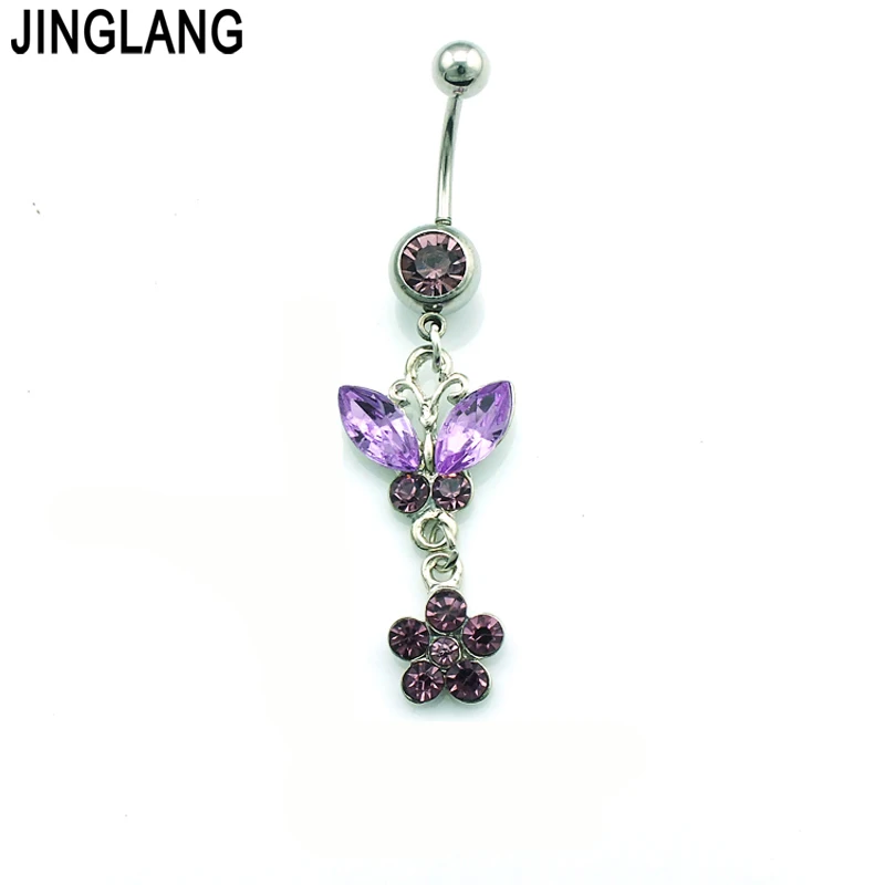 Fashion Belly Button Rings 316L Stainless Steel Dangle Purple Dragonfly