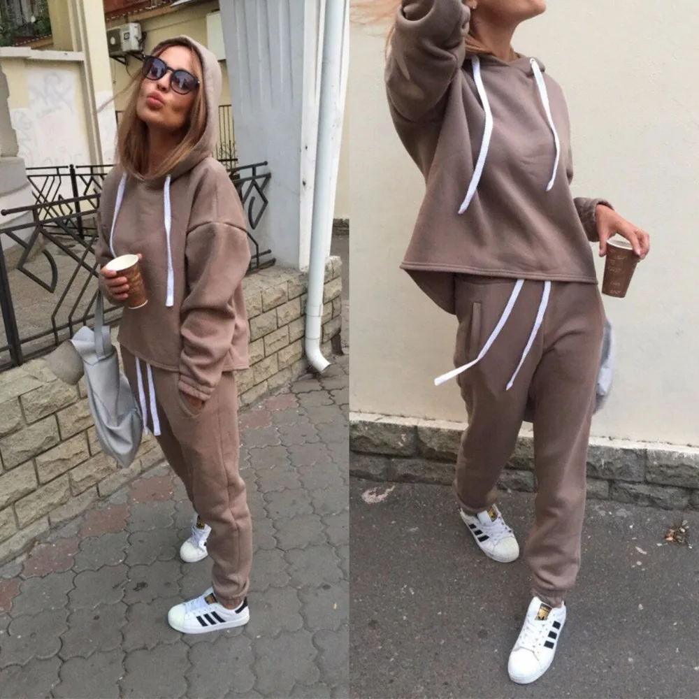 

Autumn Winter New Solid Color Women's Hooded Sweater Set 2 Piece Sets Women Tracksuit Sportswear Hoodies Sporting Suit