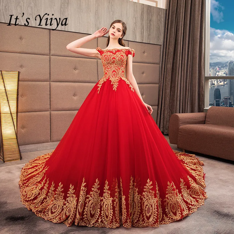 

It's YiiYa Vintage Embroidery Red Wedding Dress Sexy Boat Neck Trailing Bride GownDe Novia Casamento H085