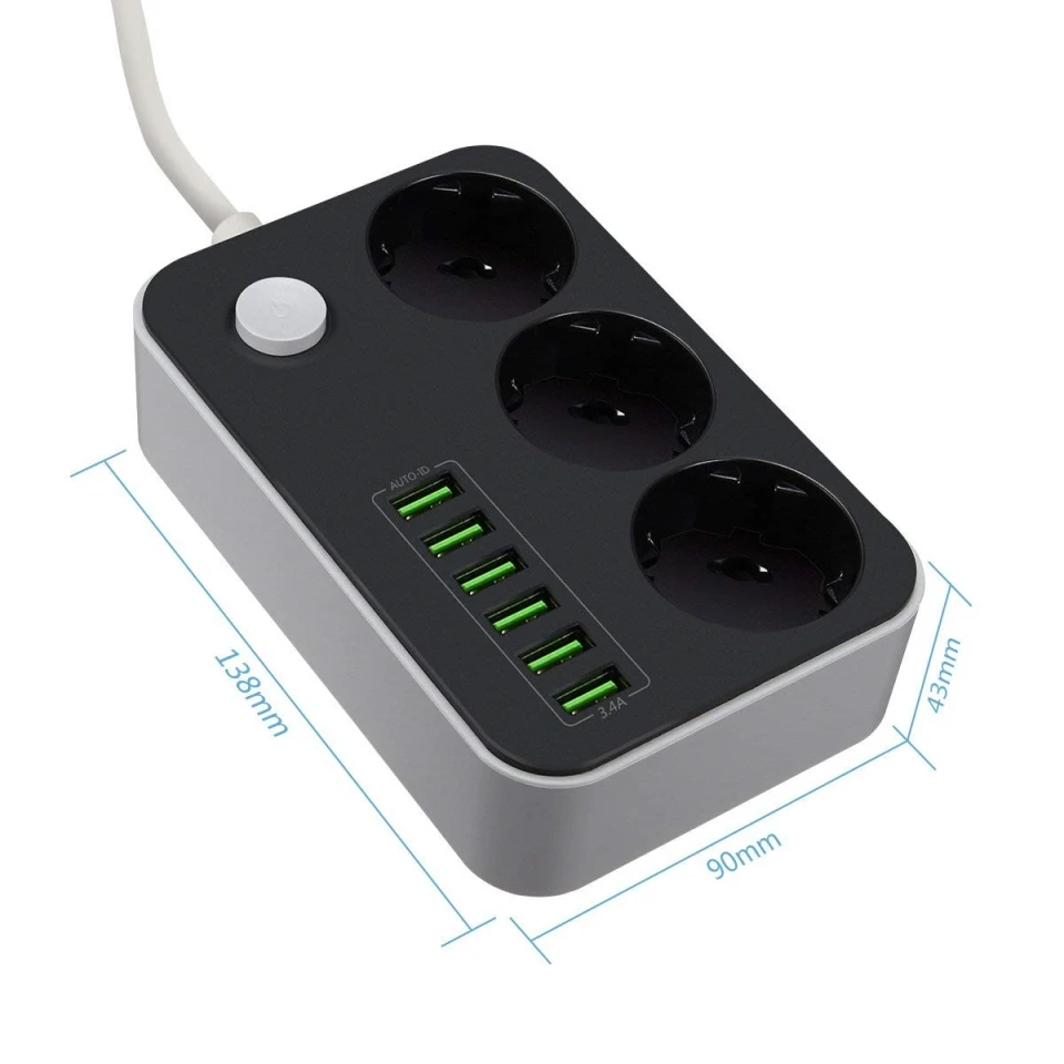 Сетевой фильтр AOFO 3 Outlet Защита от перенапряжения силовая полоса с USB зарядкой 6