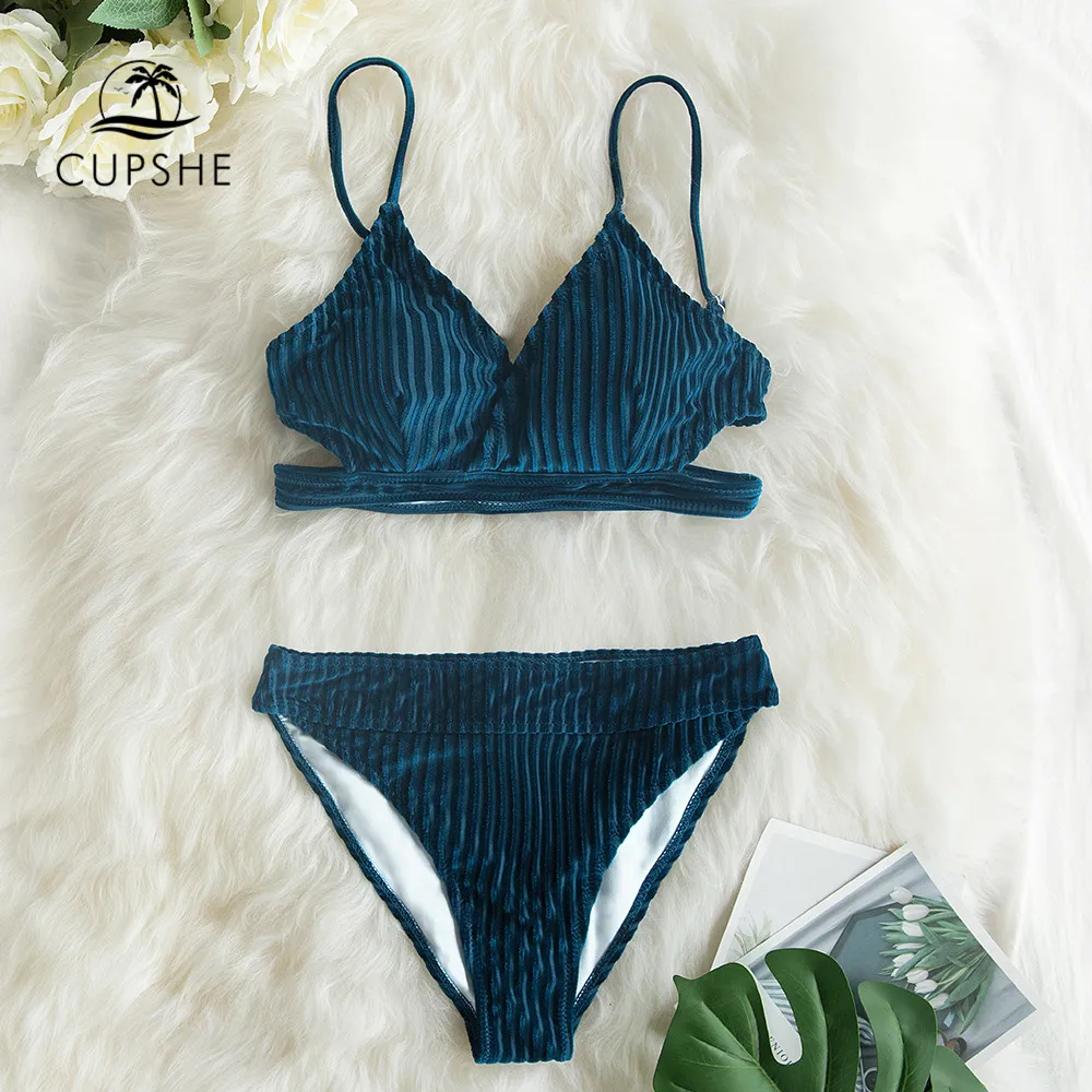 

CUPSHE Navy Striped Burnout Velvet Bikini Sets Sexy Bralette Swimsuit Two Pieces Swimwear Women 2019 Girls Beach Bathing Suits