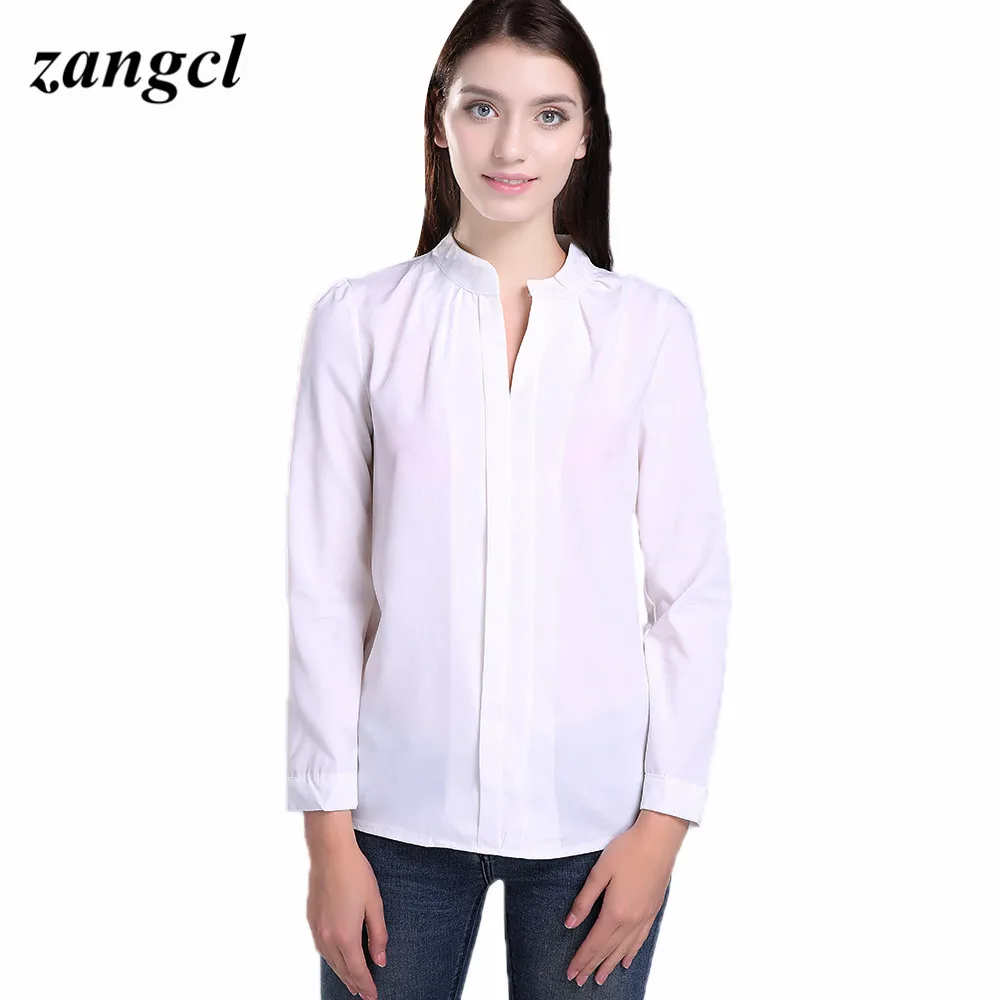 Zangcl Casual White Women Blouse Ladies Solid Elegant V