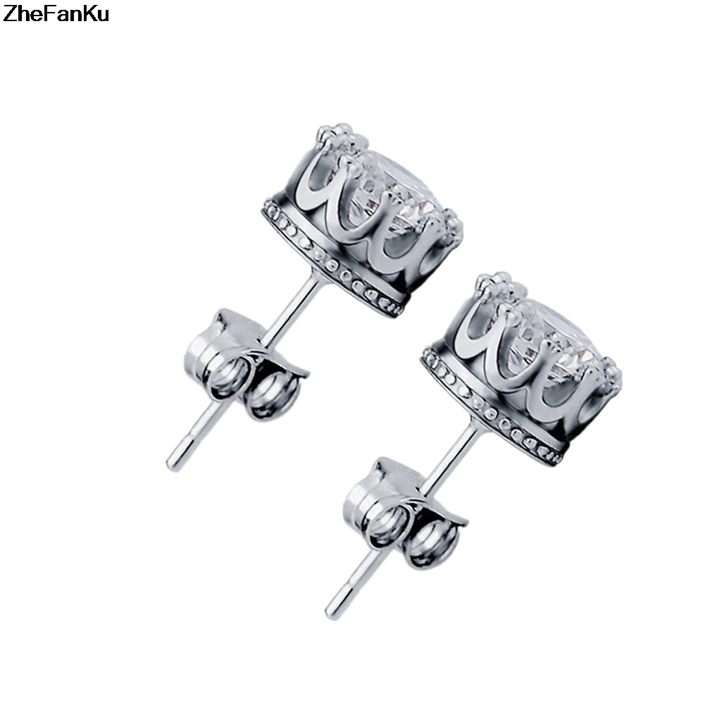 

2019 Stud Earings Fashion Jewelry 8MM Round Crown 2 Carat Cubic Zirconia Crystal Silver Stud Earrings for Women