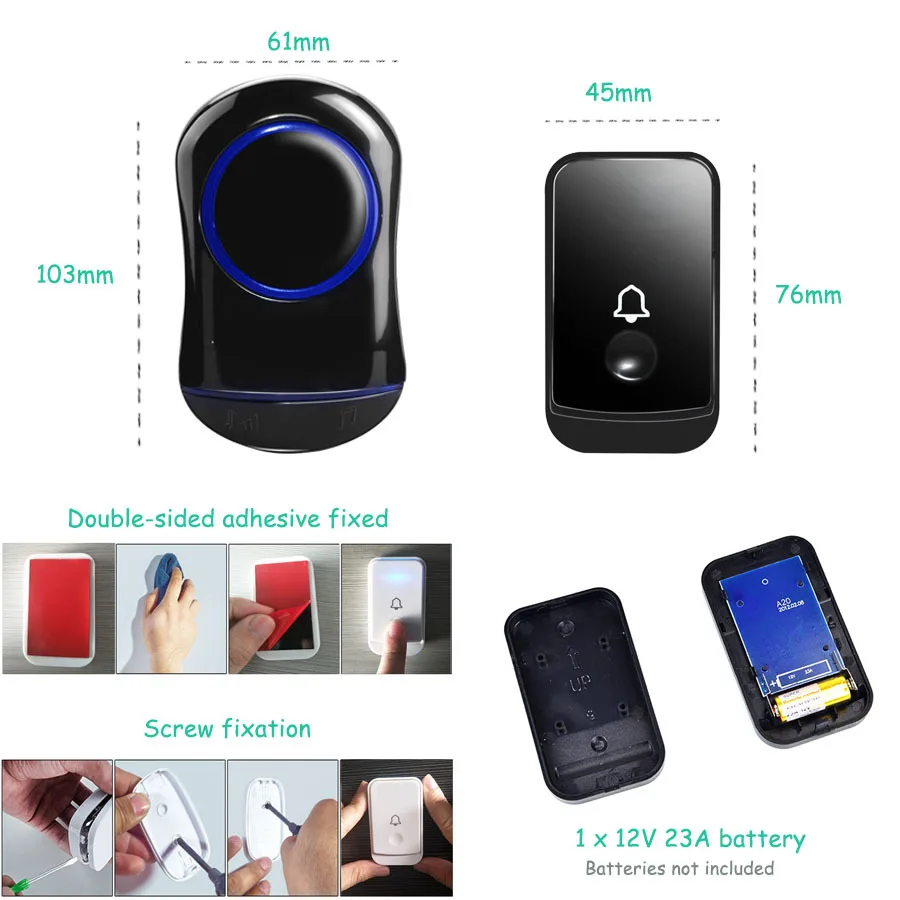 SMATRUL New Waterproof Wireless Doorbell EU Plug 300M Remote smart Door Bell Chime ring  1 2 button 1 2 3 receiver no battery Deaf Gorgeous lighting black 8