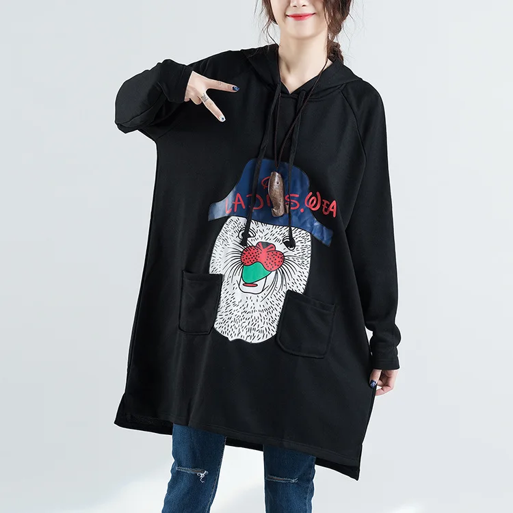 2018   Chinese    autumn  dress  fashion  leisure  long  cartoon  printing  hooded   large  foreign  trade  clothing