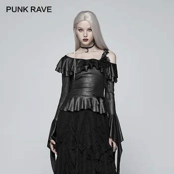 

PUNK RAVE New Black Gothic Asymmetric Collar Lace Women T-Shirt Punk Novelty Irregular Sleeves Dark Tops Tees Woman Clothes