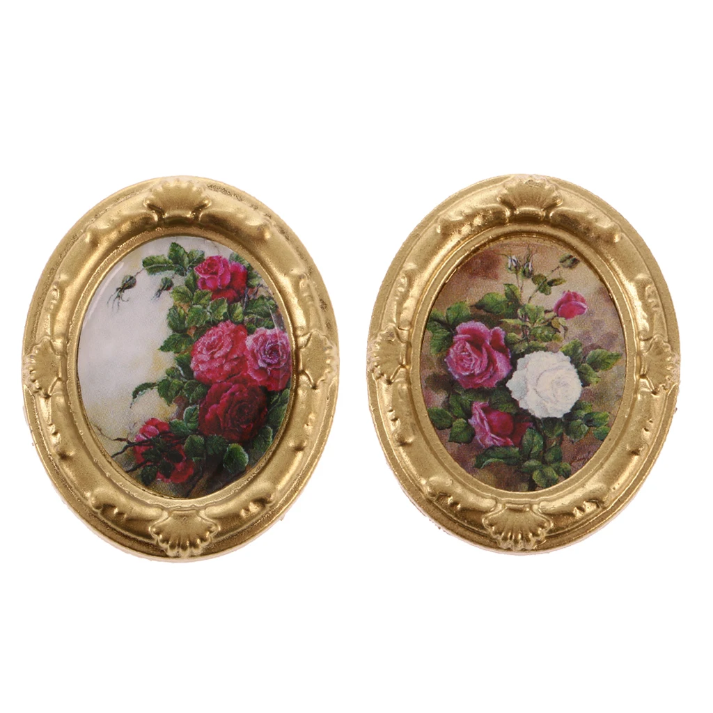 2Pcs Vintage Mini Metal Dollhouse Decor Furniture Kit Flower Picture Photo Frame for 1:12 Dolls House Miniature Accessories