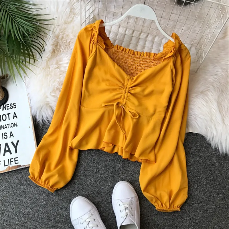  2018 Spring Autumn Women Long Sleeve Blouse V-Neck Drawstring Tie Blouses Female Lantern Sleeve Ruf