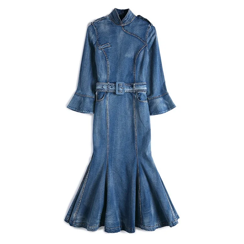 

2019 new fashion improved cheongsam dress stand collar cuff Slim bag hip fishtail denim dress