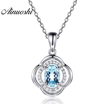 

AINUOSHI 1.5ct Oval Cut Sky Blue Natural Topaz Pendant Necklace 925 Sterling Silver Topaz Flower Pendant Jewelry For Woman