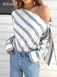 Плюс размеры полосатая блузка для женщин 2019 демисезонный Модное на одно плечо лук с длинным рукавом Женские офисные рубашка