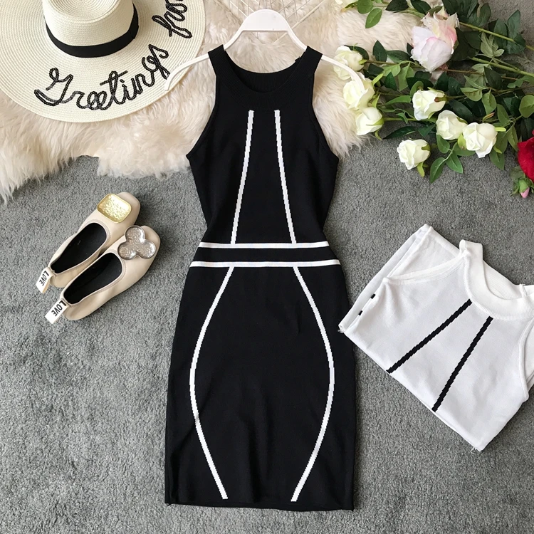 

Summer Office Ladies Vintage Knitted Sheath Striped Knee-length Dress Women Brief Urban Halter Slim One-step Middle Dress