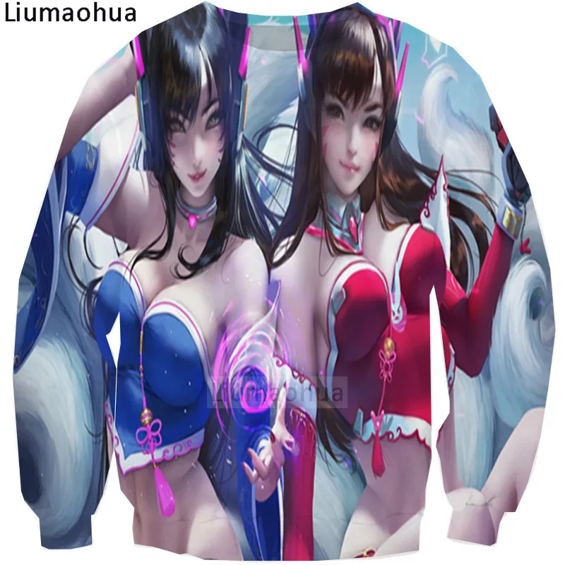 Бренд Liumaohua персонажи игр Overwatch D. Va и League of Legends Ahri элегантный свитшот с 3D принтом топы|Толстовки свитшоты| |