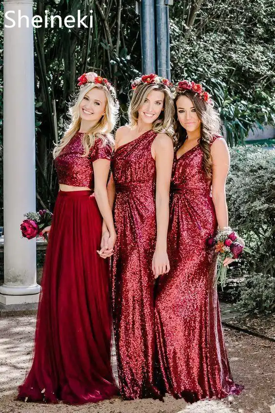 maroon red bridesmaids dresses