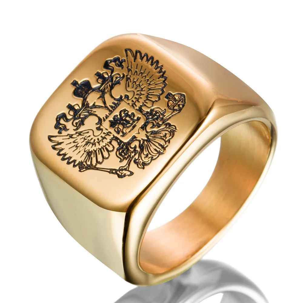 US size 7 to 14 Polished Eagle ring Band Biker Men's ring Stainless Steel a coat of arms of the Russian Signet Ring for men
