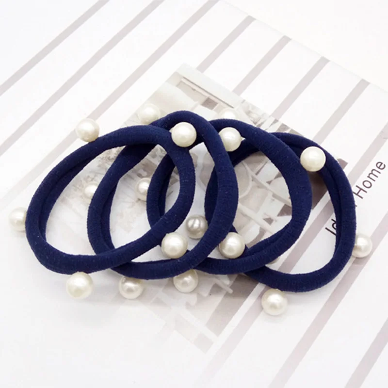 Navy Blue Горячая Распродажа: 5 шт. Для женщин высокой эластичности для девочек с жемчугом и повязки на голову, Полотенца волос Веревка леденцового цельного цвета цветная эластичная резинка кольцо тканью; прическа хвостик; - Окраска металла: Navy Blue
